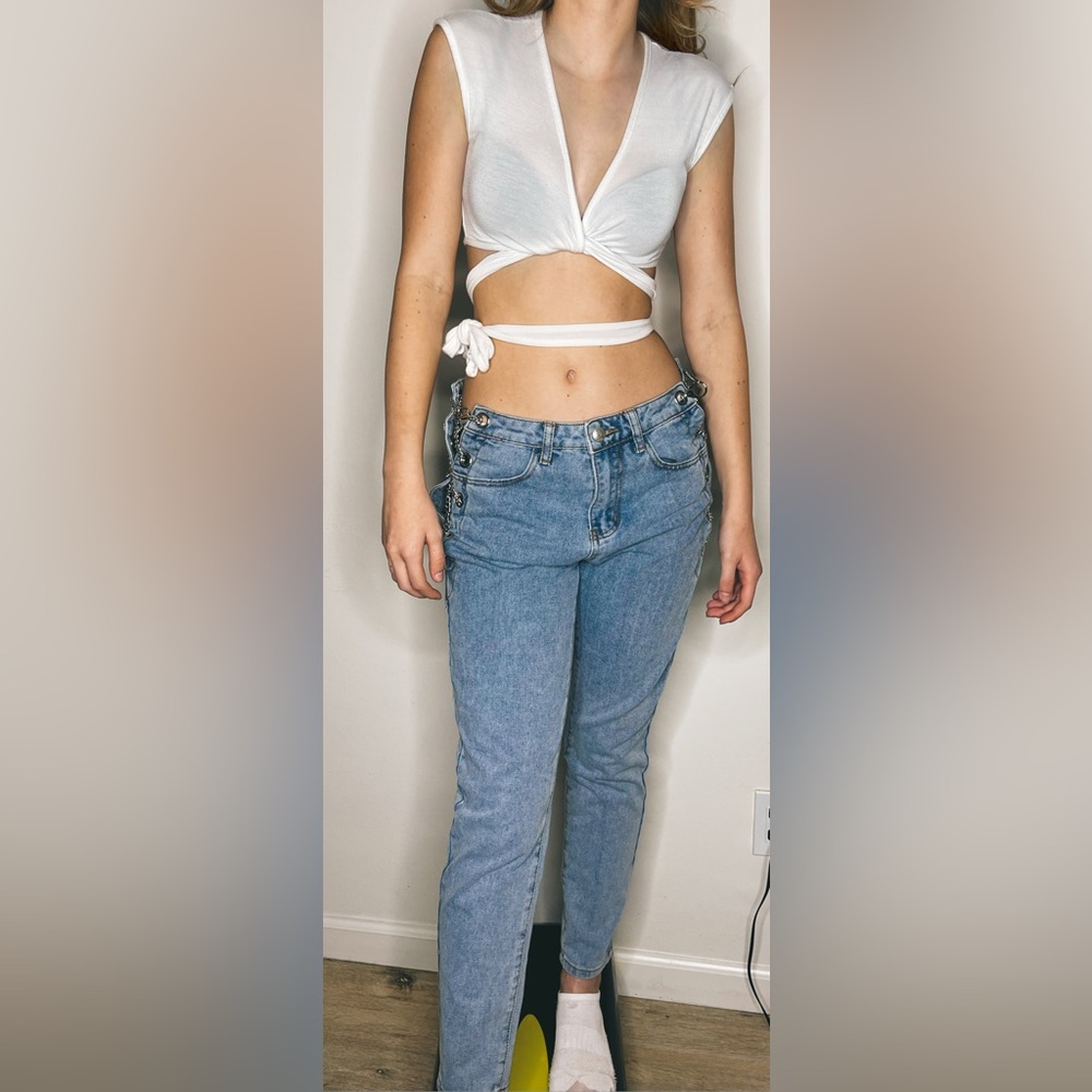 White Jersey Plunge Tie Sleeveless Crop Top